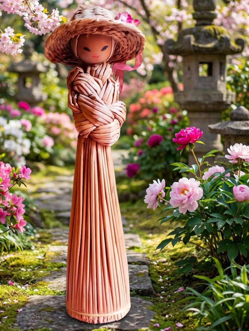 Vintage 6.5" Straw Lady Doll Carrying Wood Bushels 1960s Folk Art Figurine Cute!